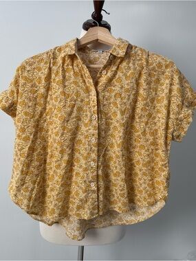 Madewell Yellow Floral Short-Sleeve Button-Up Cropped Shirt size S